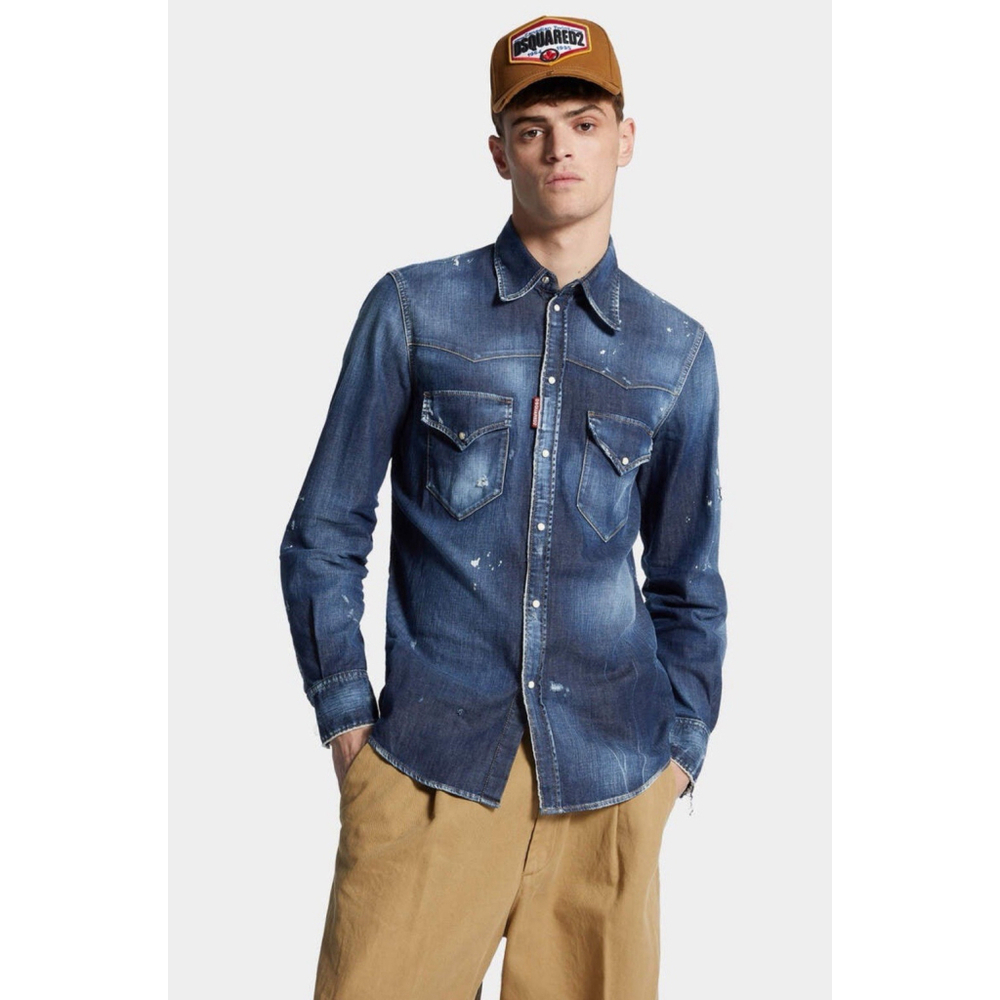 Dsquared2 Mens Fashion Western Shirt Denim Pearl Snap Distressed Size 42 Luxury